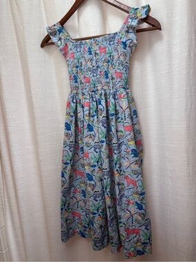 Mini Boden Smocked Dress - Light Blue with Coral, Green & Navy
